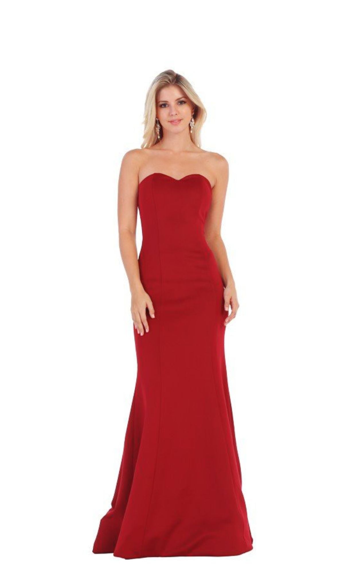 A woman models the Strapless Sweetheart Long Prom Dress: Chicas C011 in vibrant red, standing against a white background—an elegant gown ideal for any special occasion.